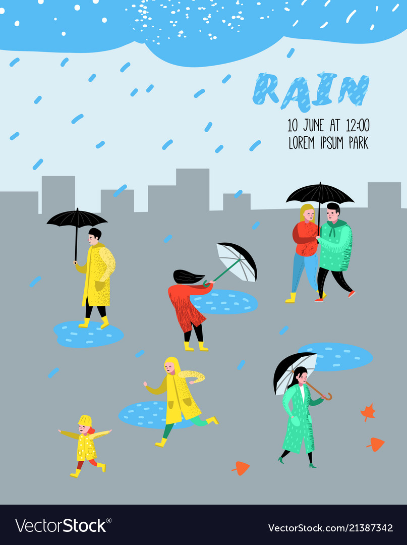 Characters people walking in the rain poster vector image Characters people walking in the rain poster