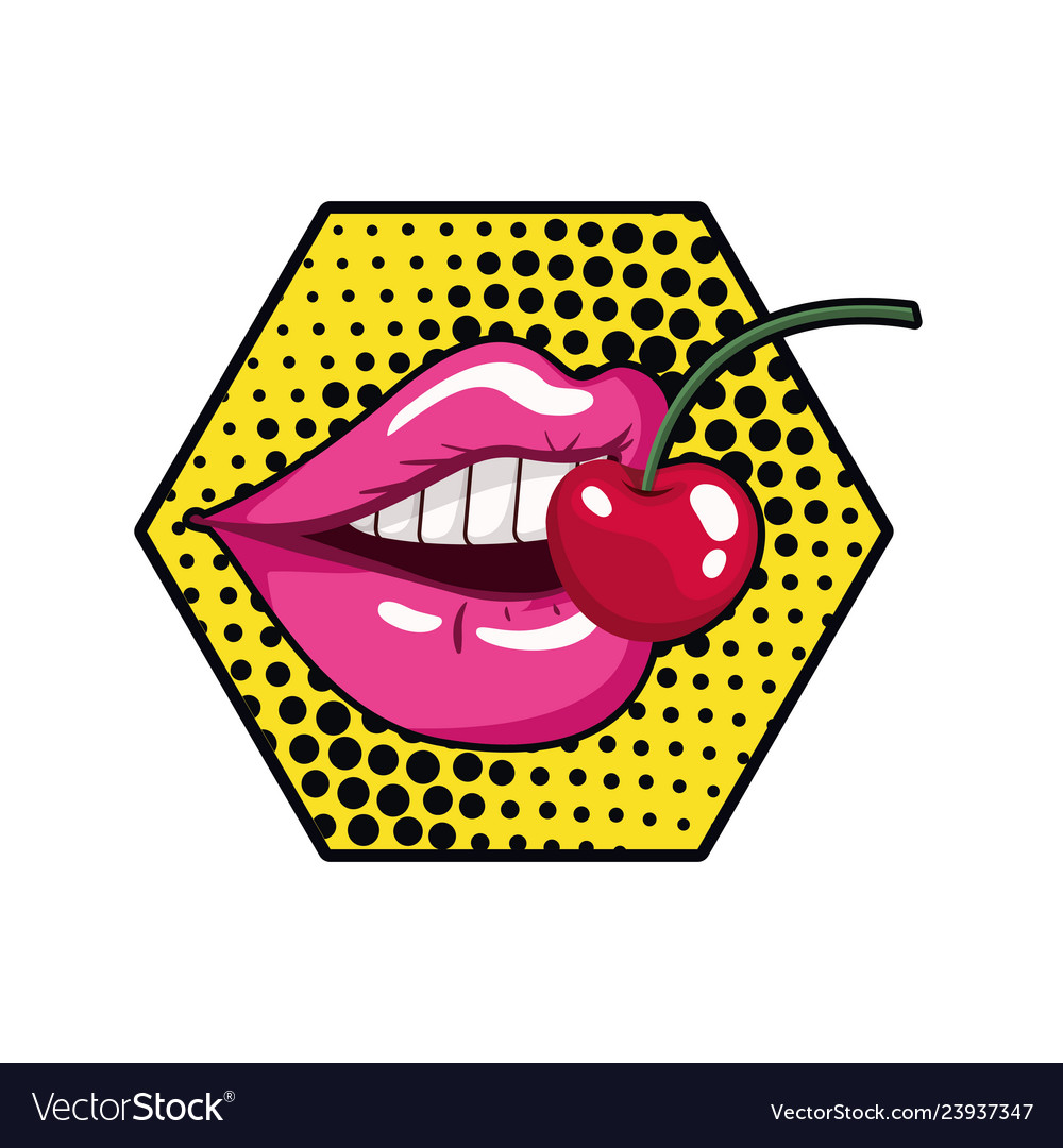 Female mouth with cherry isolated icon