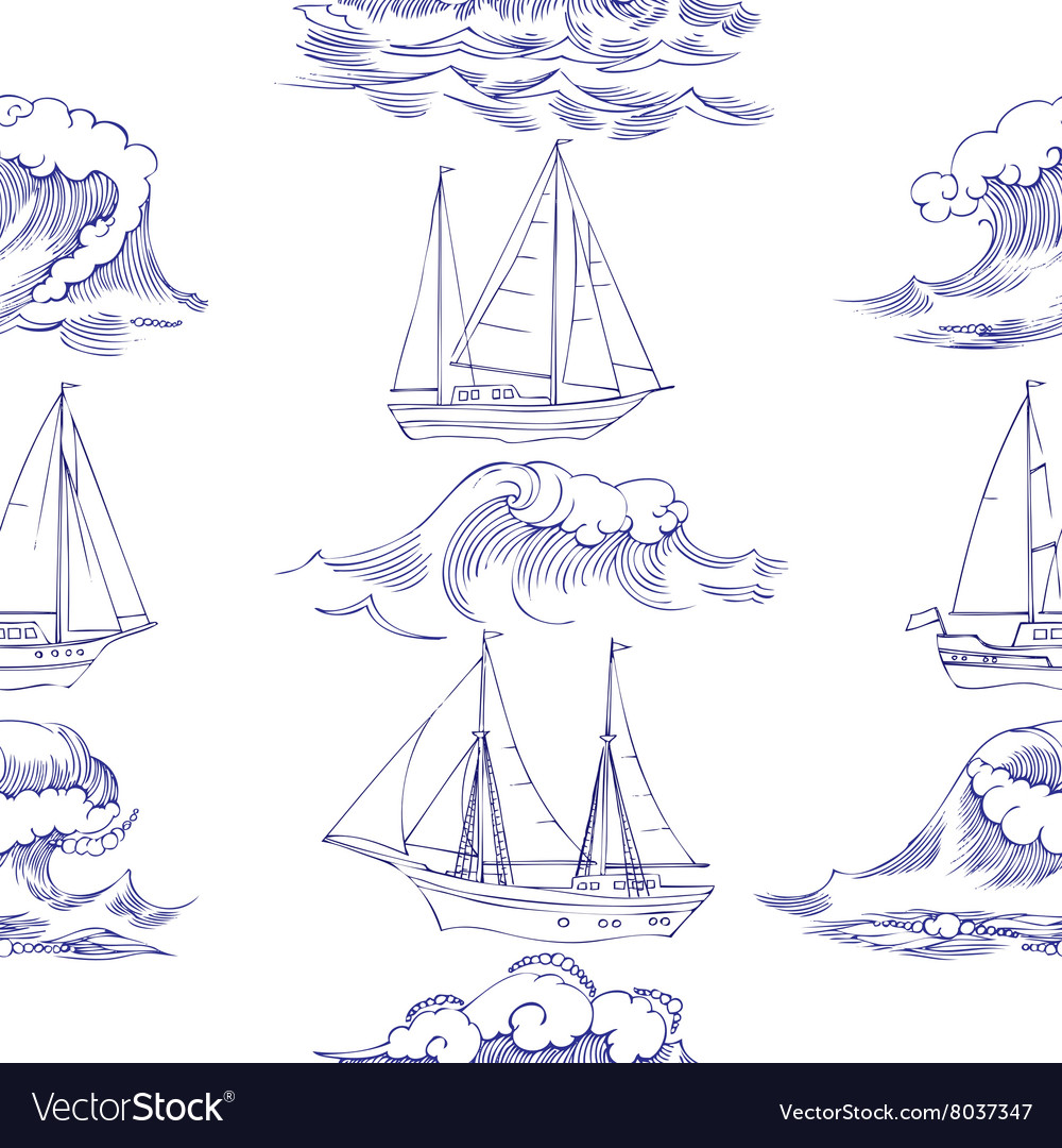Seamless pattern with waves and ships