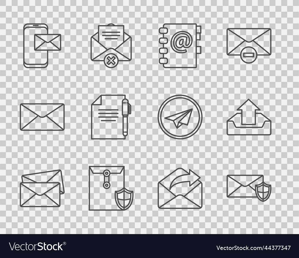 Set line envelope with shield address book vector image Set line envelope with shield address book