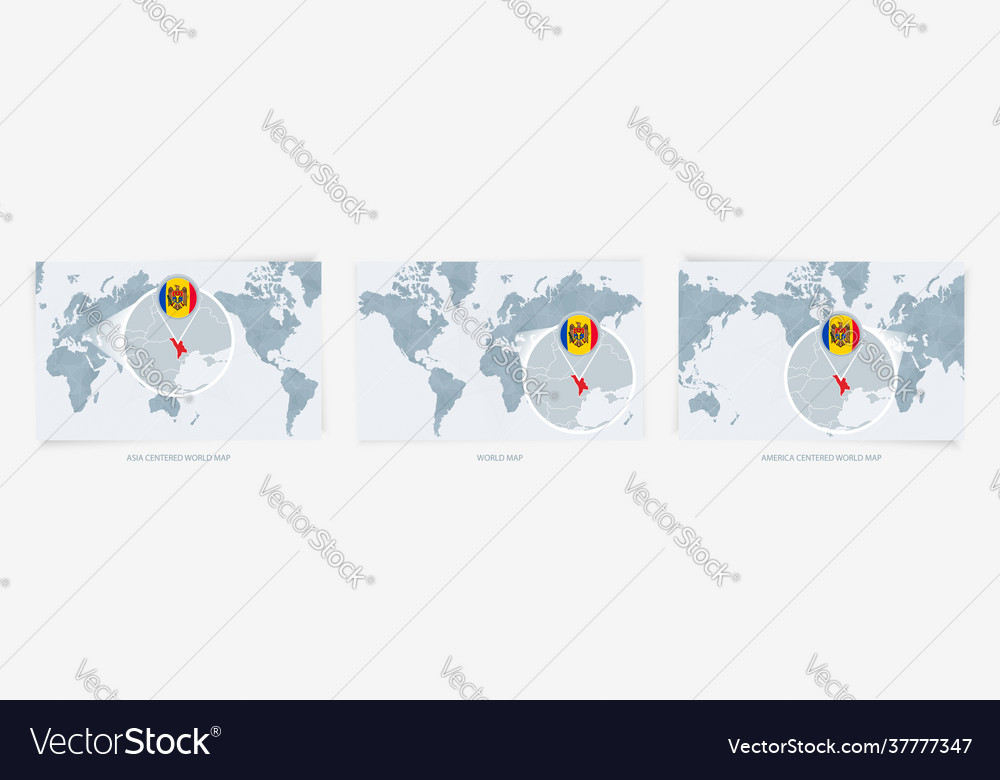 Three versions world map with enlarged
