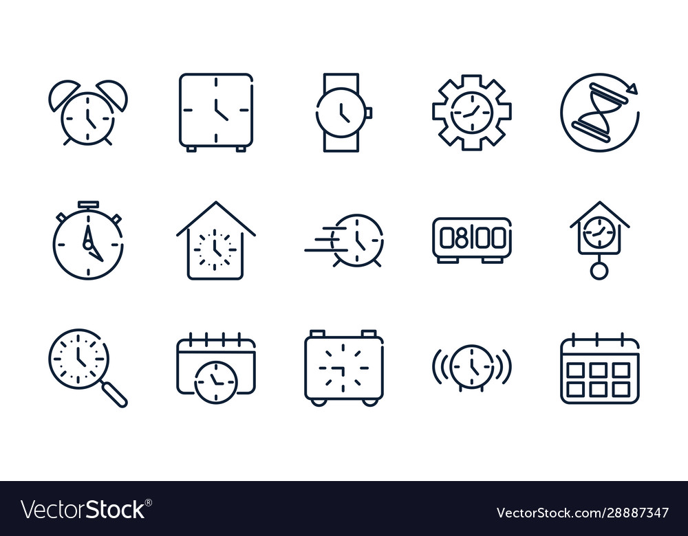 Time clock timer hour date linear design set icons