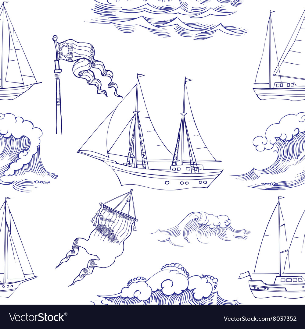 Seamless pattern with waves and ships