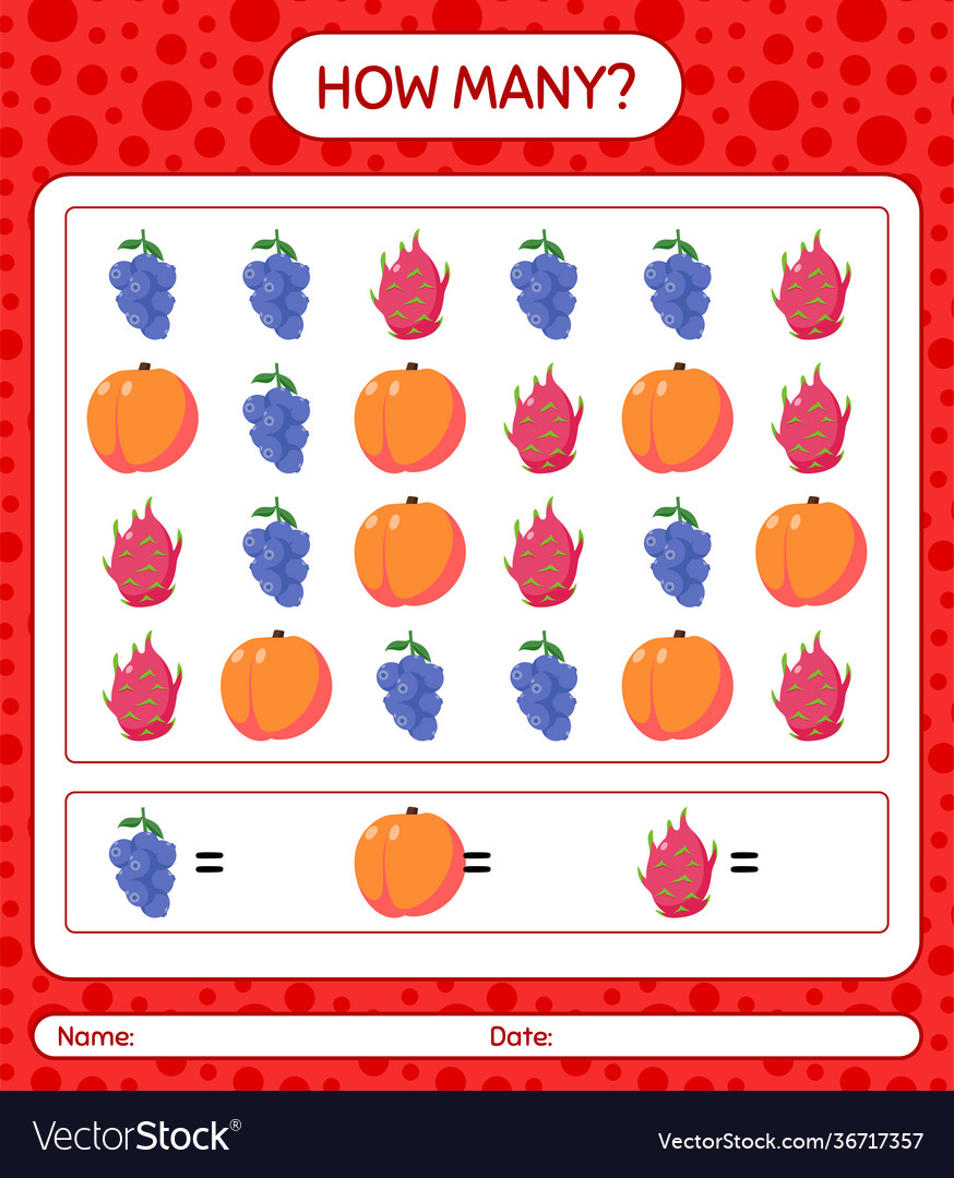How many counting game with fruit worksheet vector image How many counting game with fruit worksheet