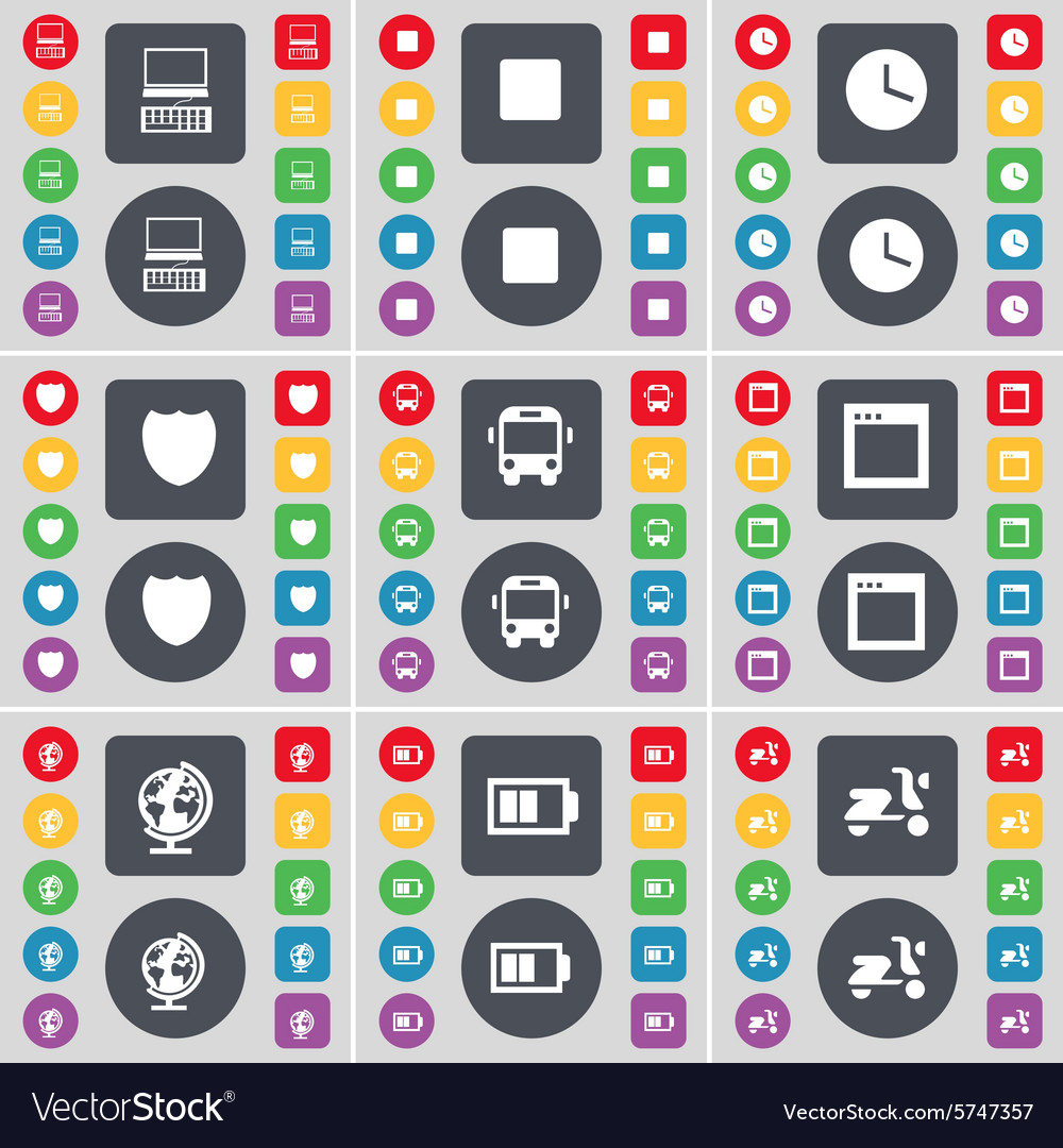 Laptop media skip clock badge bus window globe