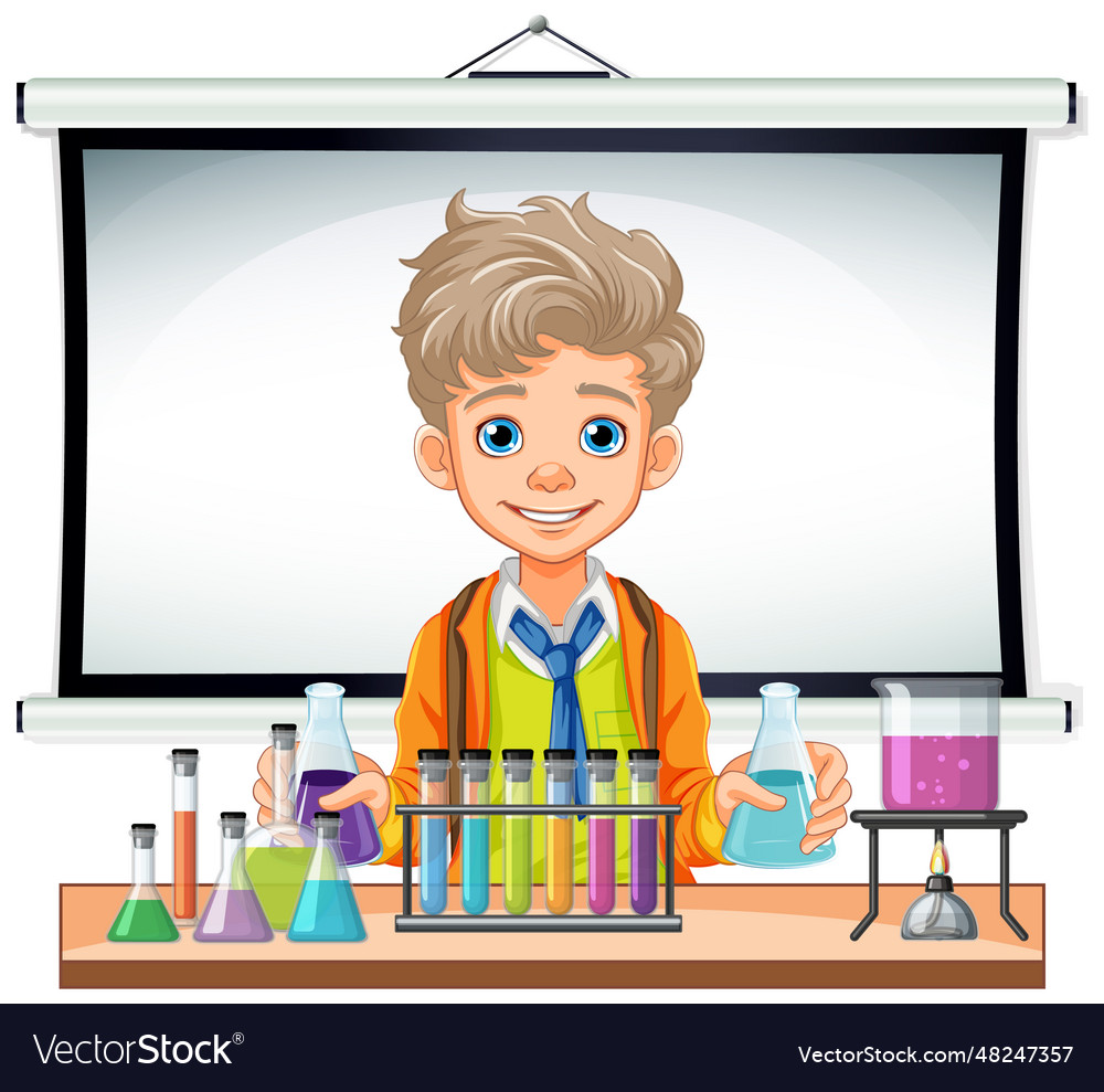 Male student cartoon holding conical flask on Vector Image