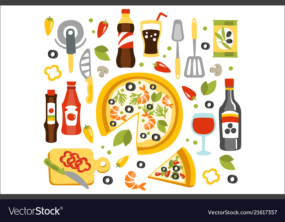 Pizza preparation set utensils Royalty Free Vector Image
