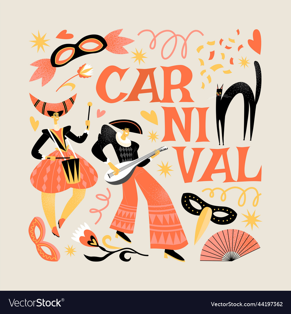 Harlequin and columbine with musical instruments Vector Image