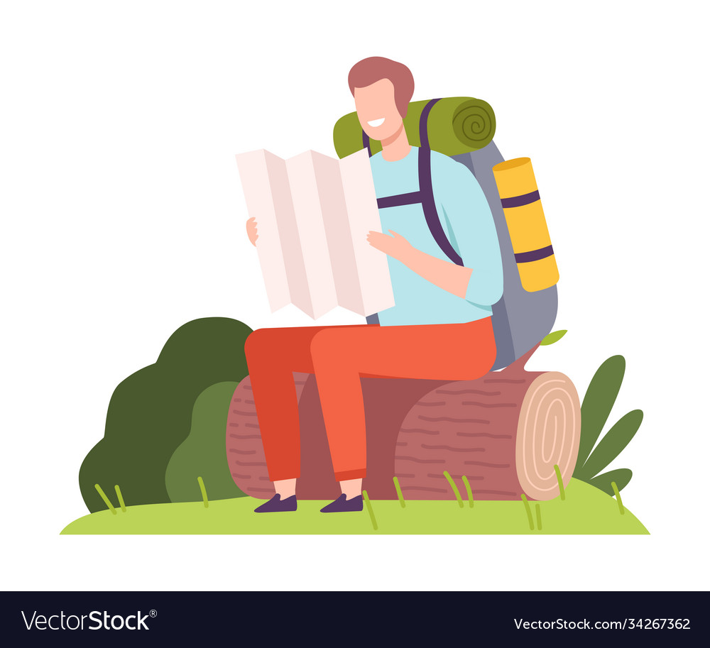 Man with Backpack on Log, Examining Map