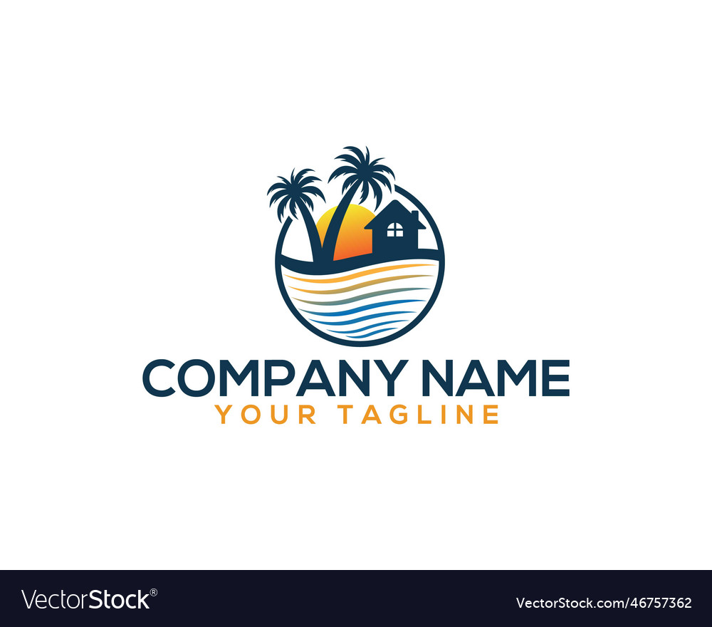 Palm trees sun and home summer vacation logo