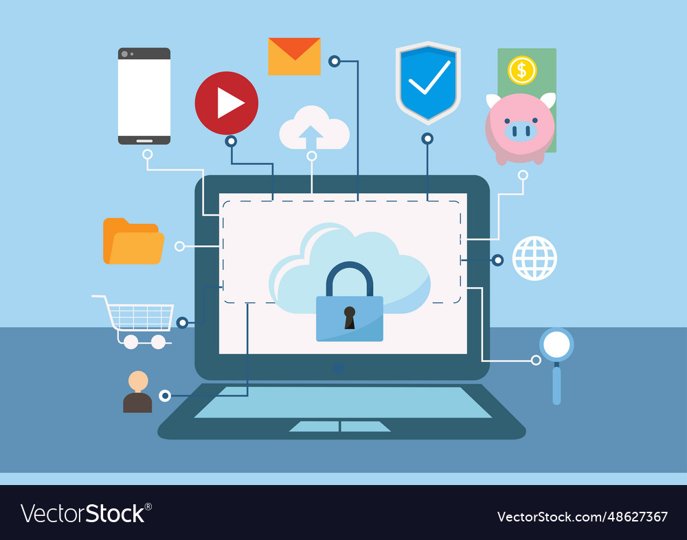 Computer padlock cloud lupe cyber security system vector image Computer padlock cloud lupe cyber security system