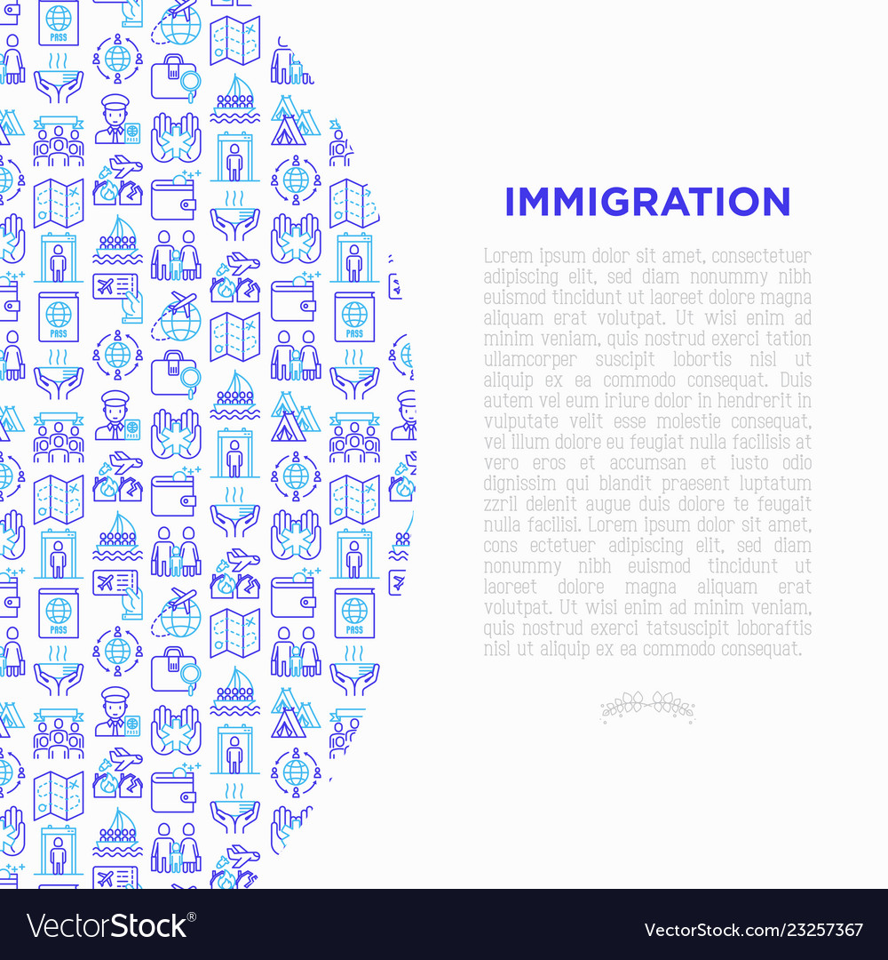 Einwanderungskonzept mit dünnen Liniensymbolen vector image Einwanderungskonzept mit dünnen Liniensymbolen