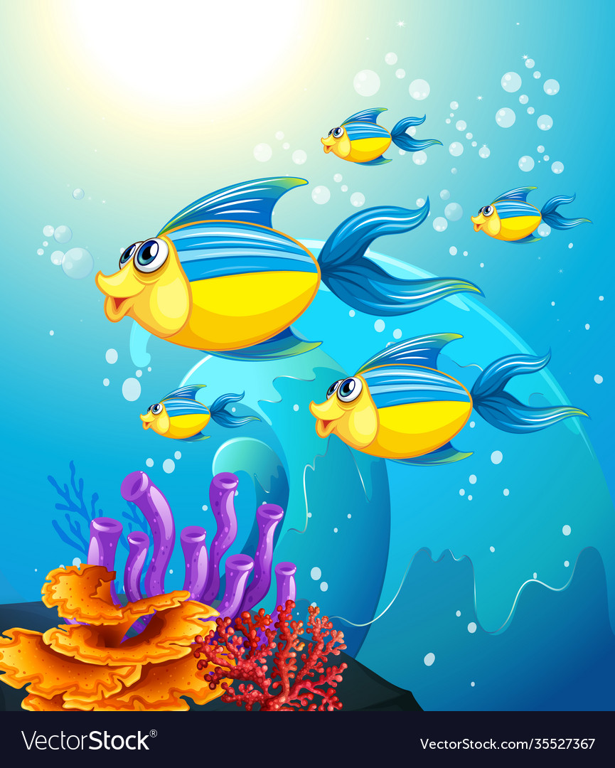 Many Exotic Fishes Cartoon Character In The Vector Image