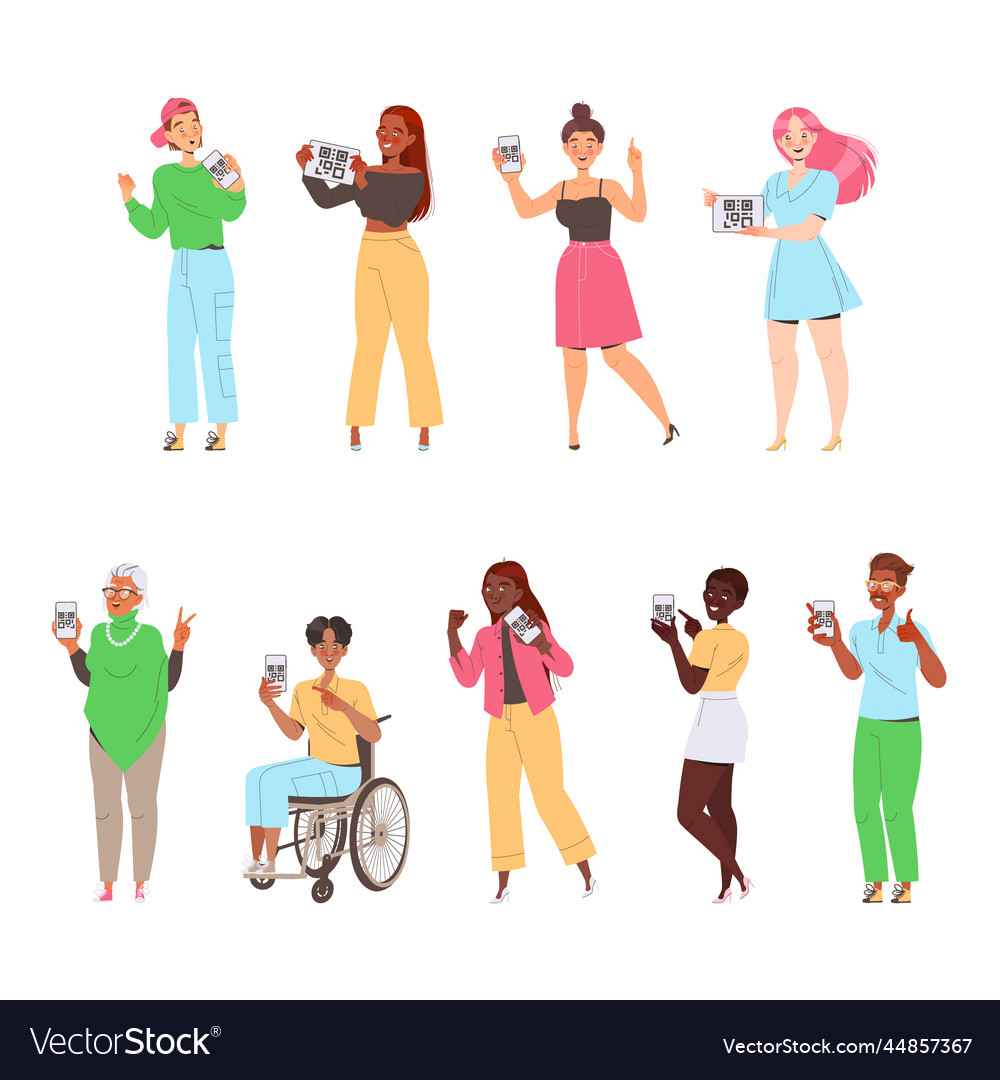 People characters showing qr code on their gadget vector image People characters showing qr code on their gadget