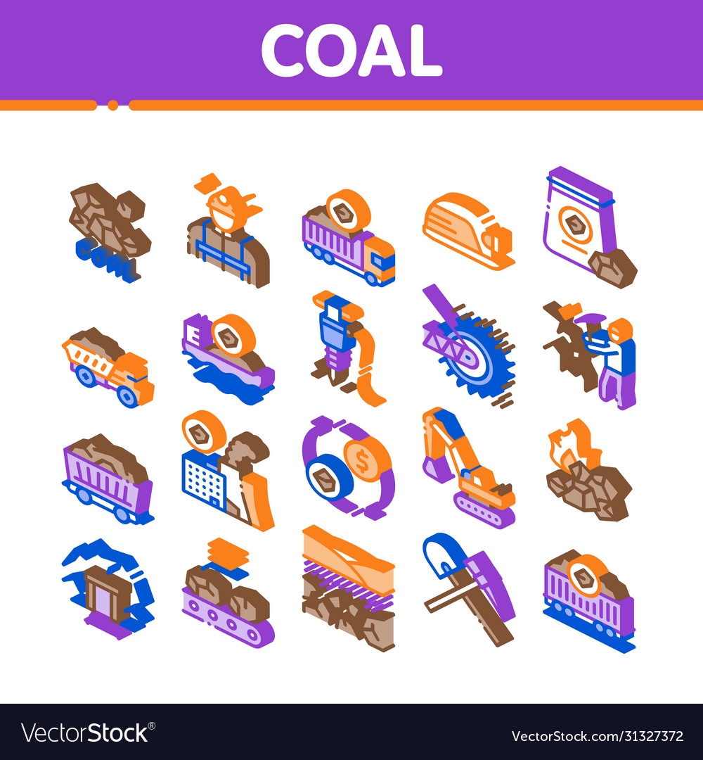 Coal mining equipment isometric icons set