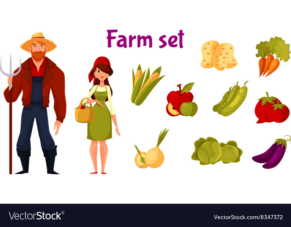 Farmers and set of vegetables