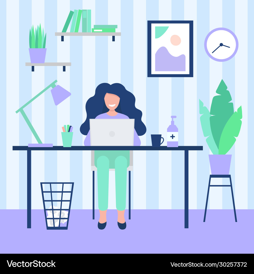 Happy woman working with computer during Vector Image