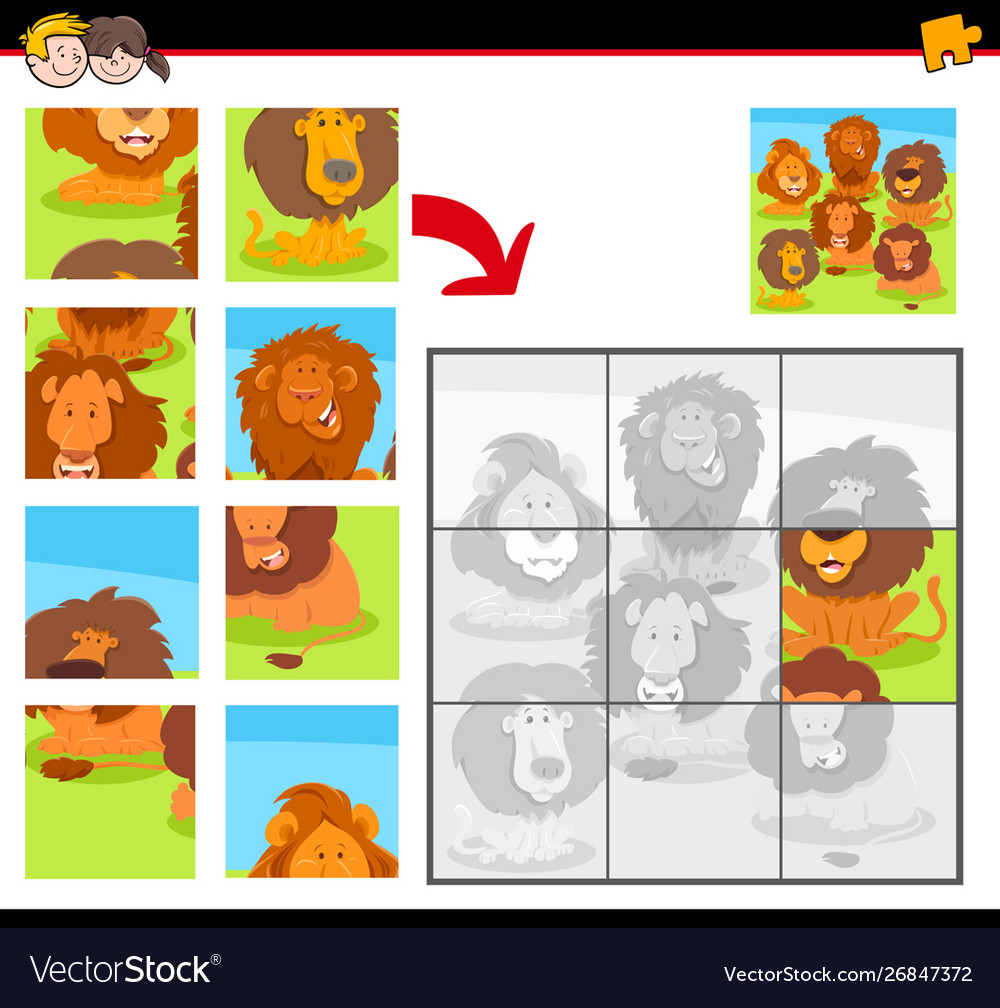 Jigsaw puzzles with cartoon happy lions Royalty Free Vector