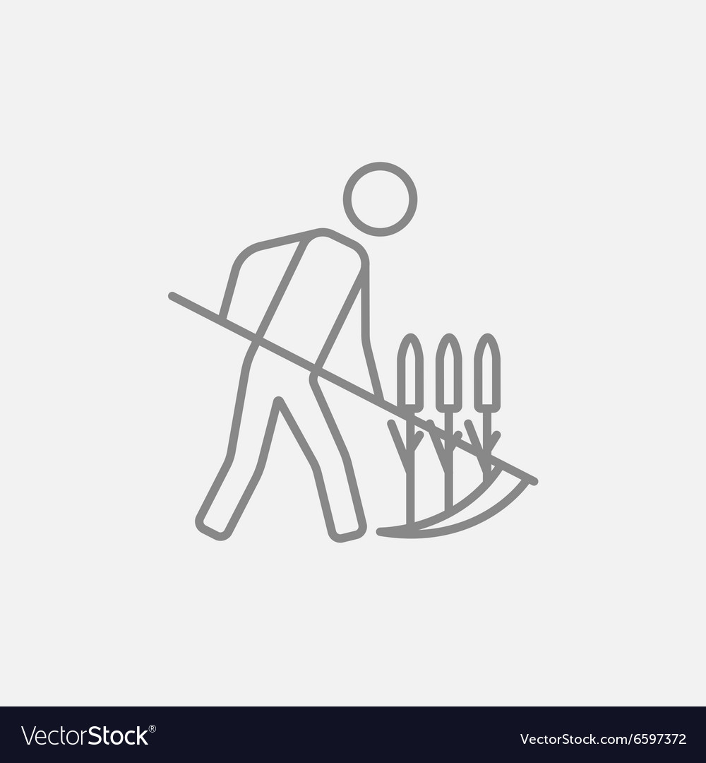 Man mowing grass with scythe line icon