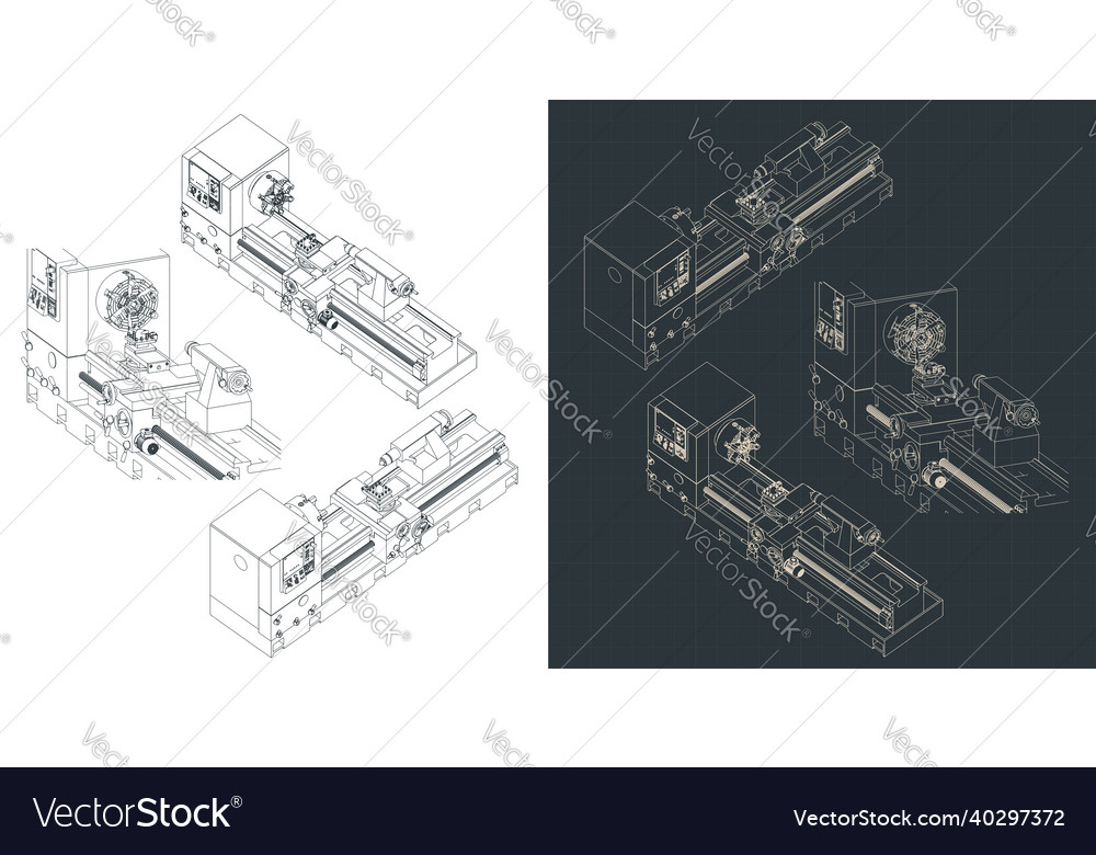 Mechanical lathe isometric blueprints Royalty Free Vector