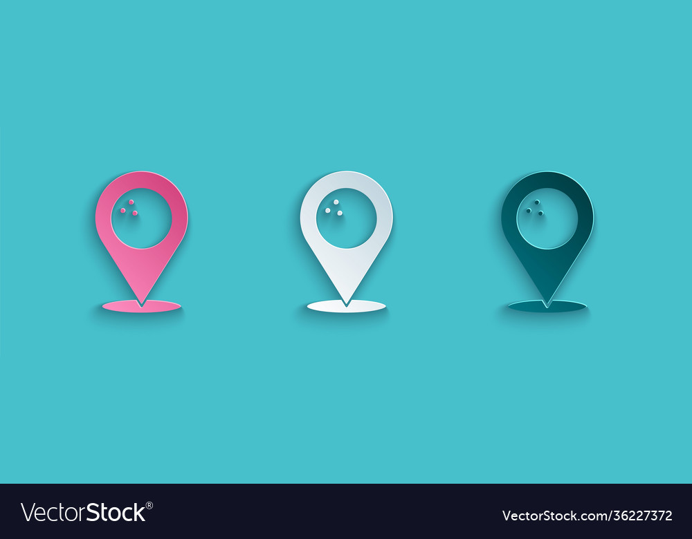 Paper cut map pointer with bowling ball icon vector image Paper cut map pointer with bowling ball icon