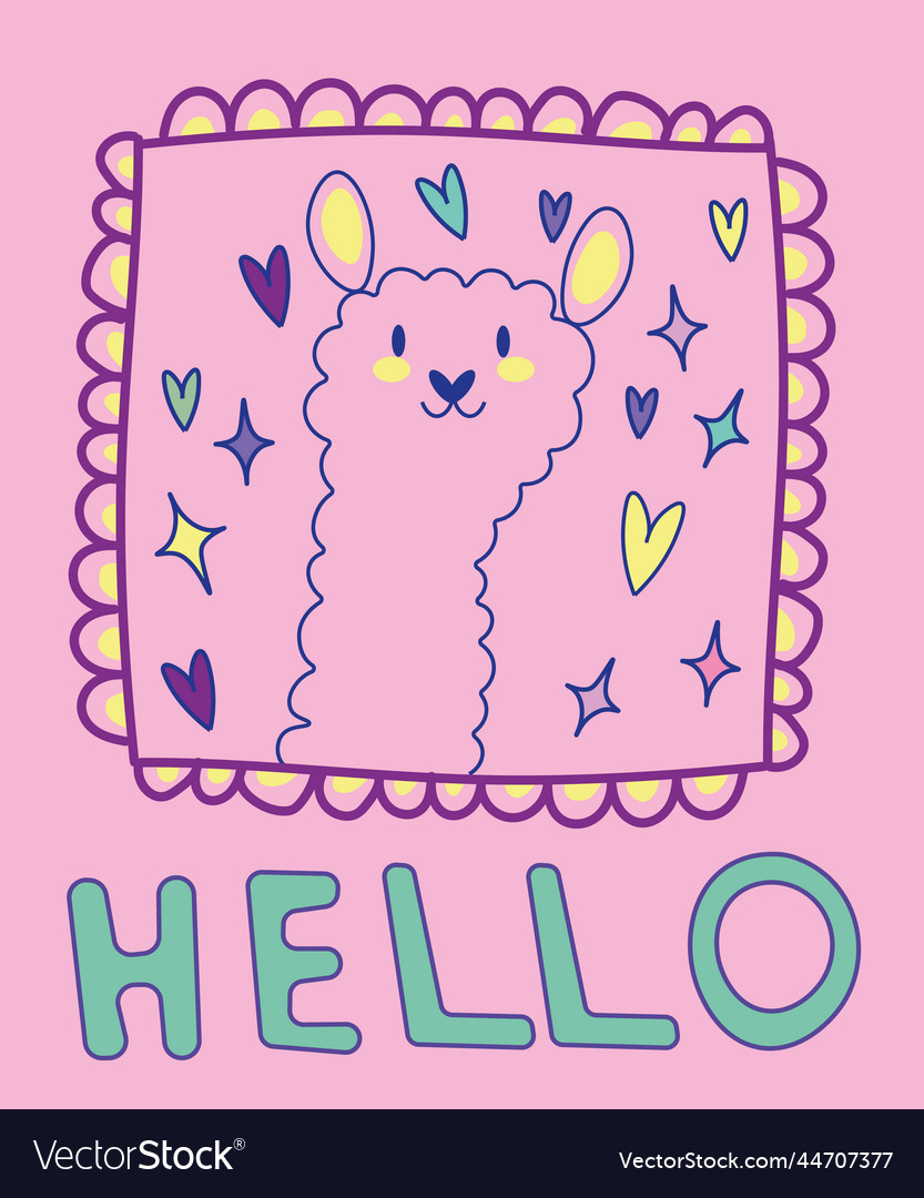 Character card cute llama with a smile text hello vector image Character card cute llama with a smile text hello