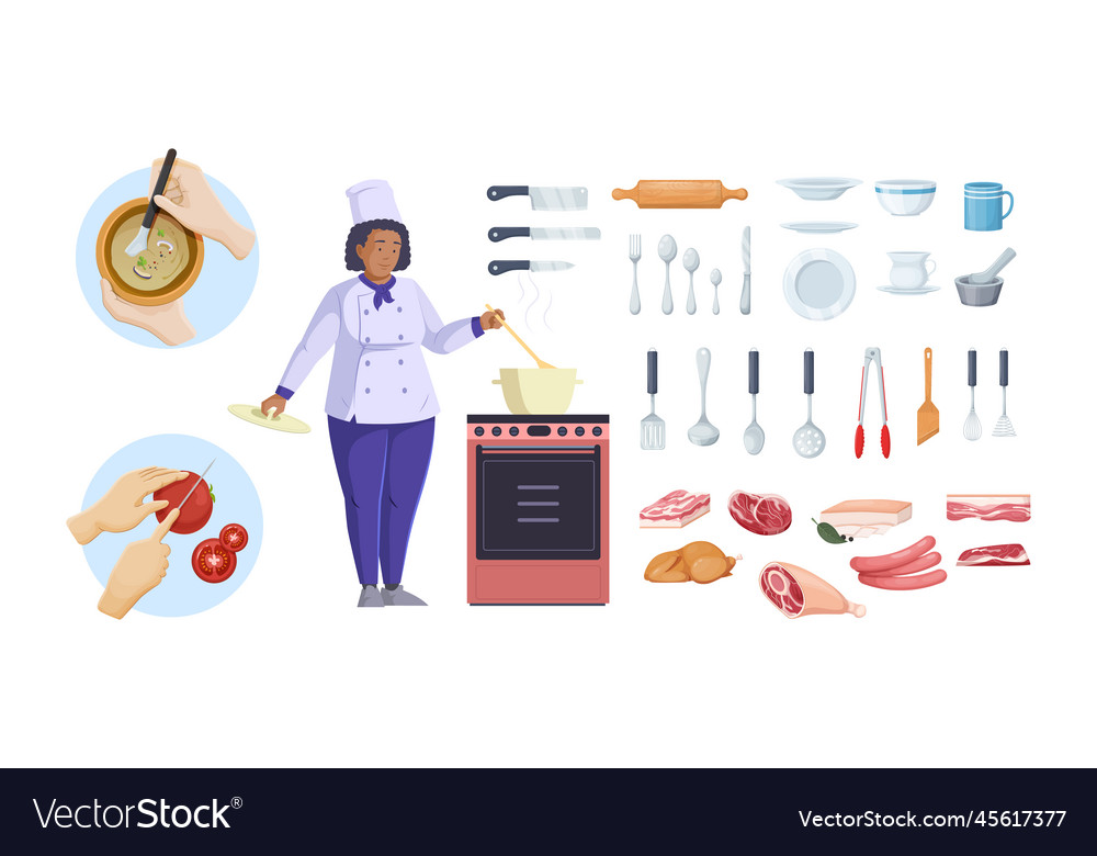 Woman chef in uniform and kitchen utensils