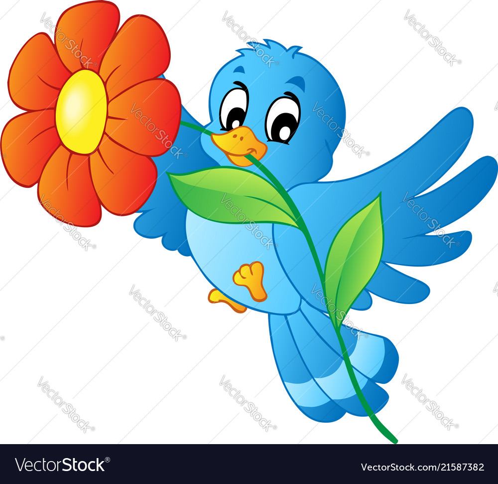 Blue bird carrying flower