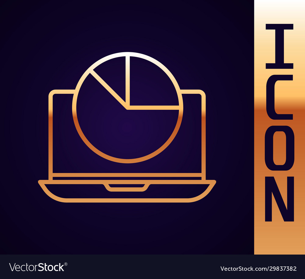 Gold line laptop with graph chart icon isolated