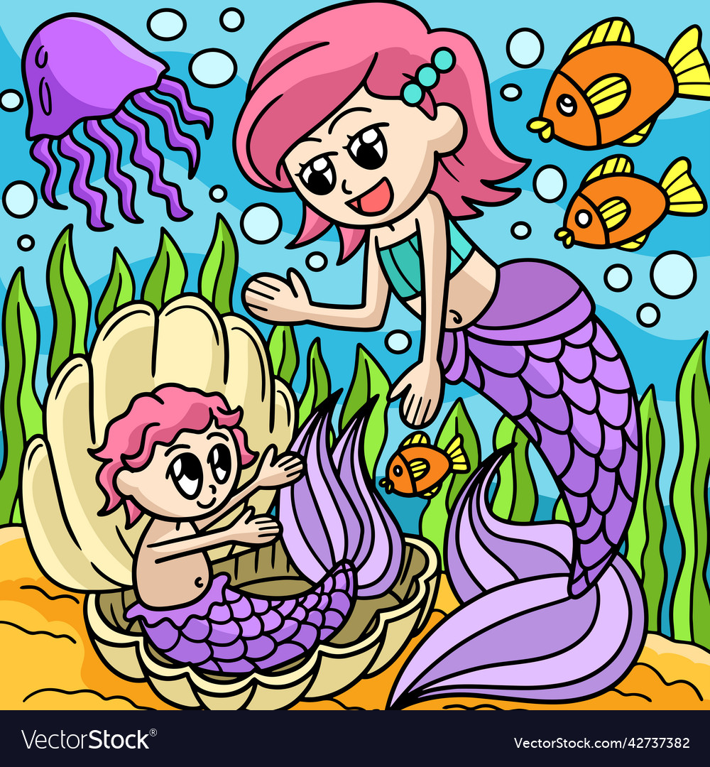 Mermaid with a baby colored cartoon