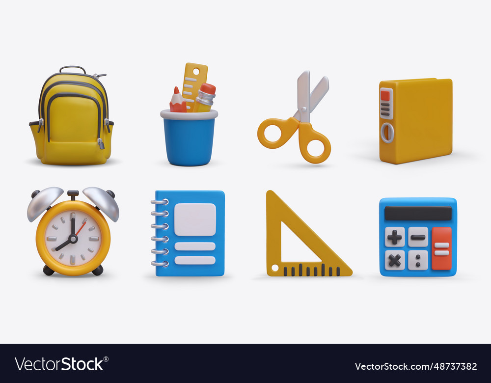 Set of 3d school objects front view colored vector image Set of 3d school objects front view colored