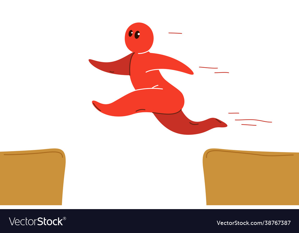 Funny cartoon man jumping though gap flat style