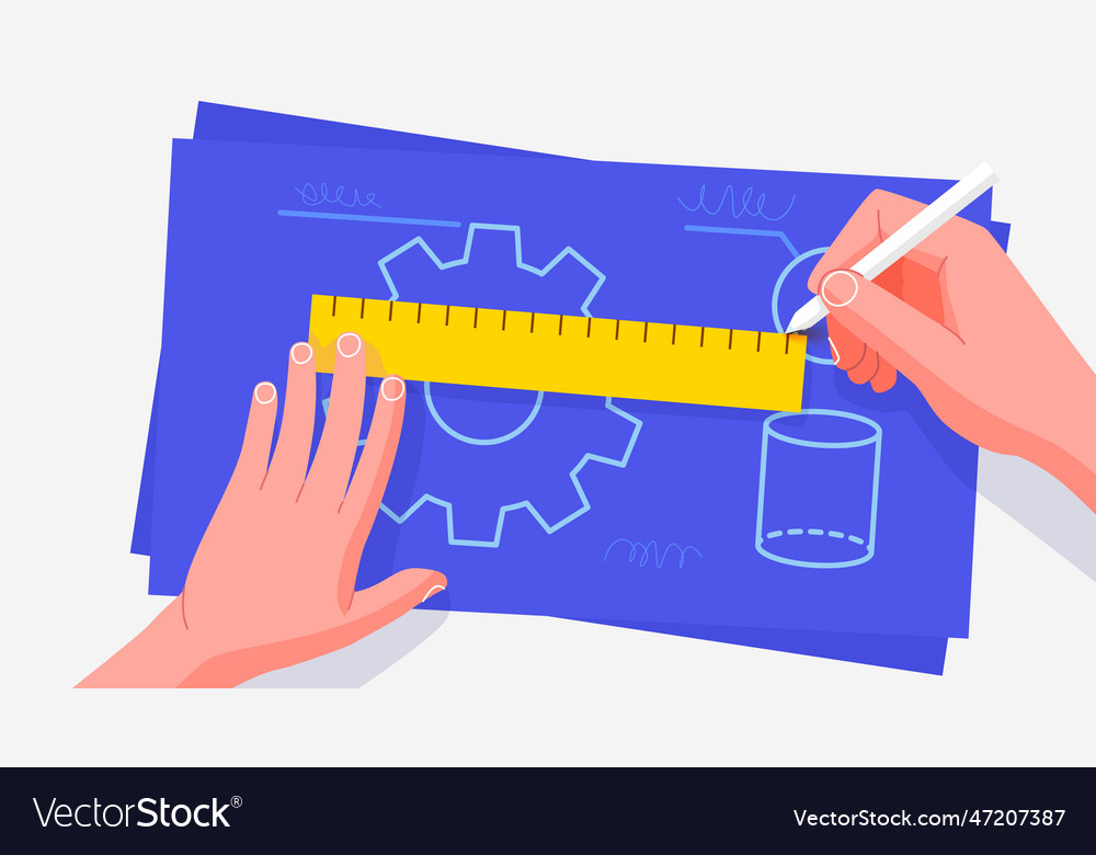 Hands create a blueprint with pencil engineer