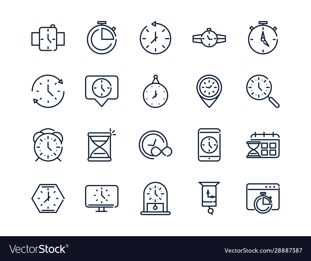 Time clock timer hour date linear design set icons