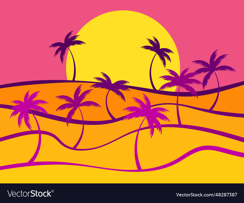 Wavy desert landscape with sun and palm trees