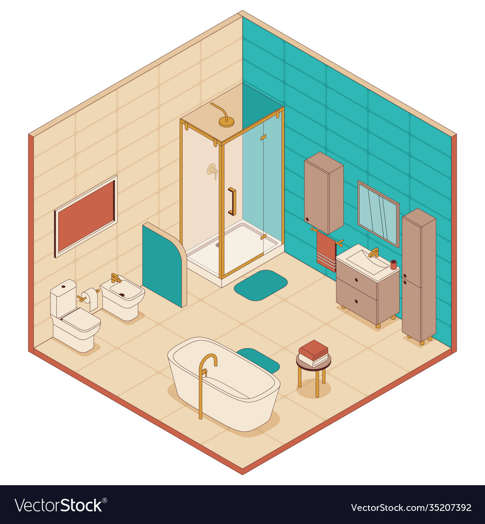 Bathroom in isometric style shower cabin bath Vector Image