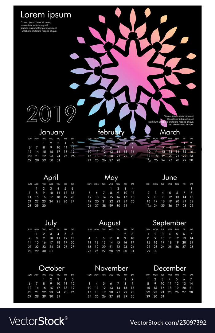 Calendar design for 2019 simple black background