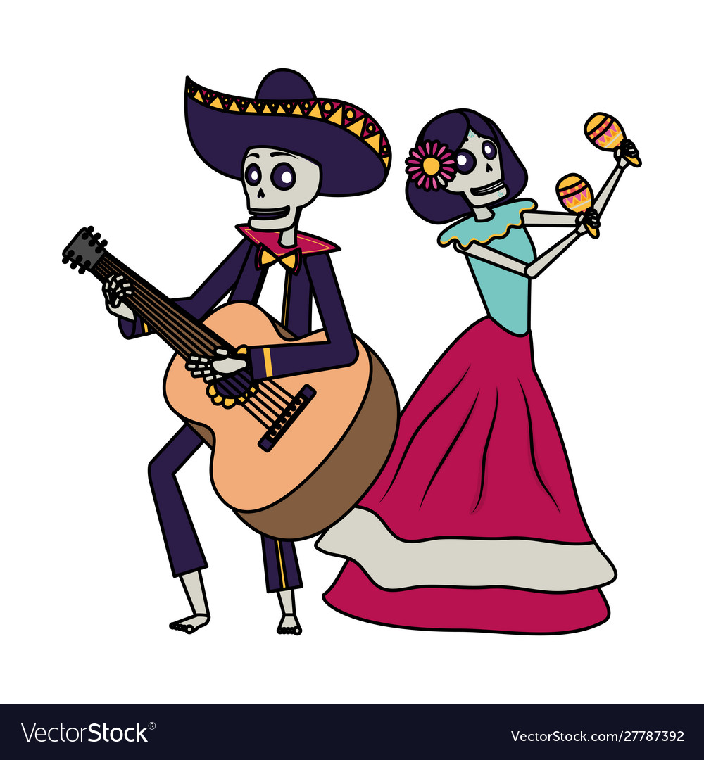 Catrina and mariachi skulls playing maracas Vector Image