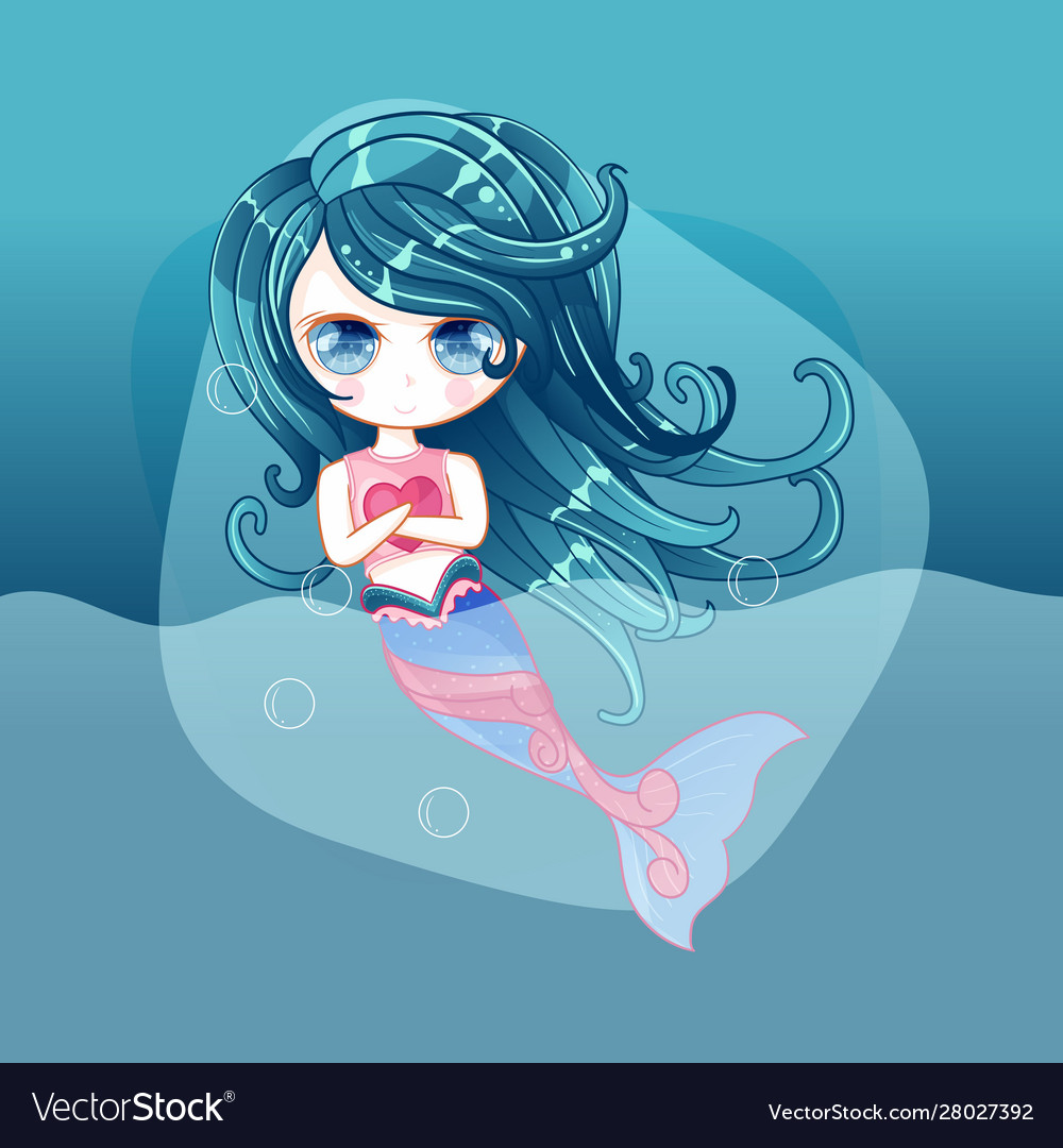 Little cute mermaid with fishes and seashells