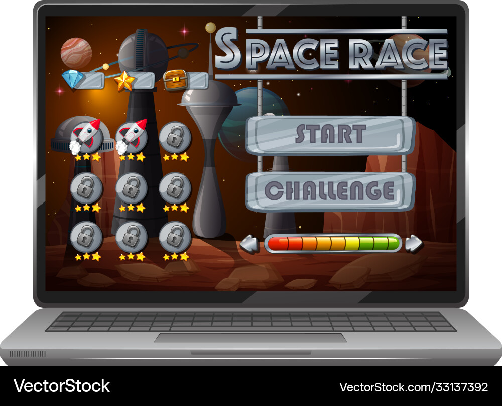 Space adventure mission game on laptop screen Vector Image