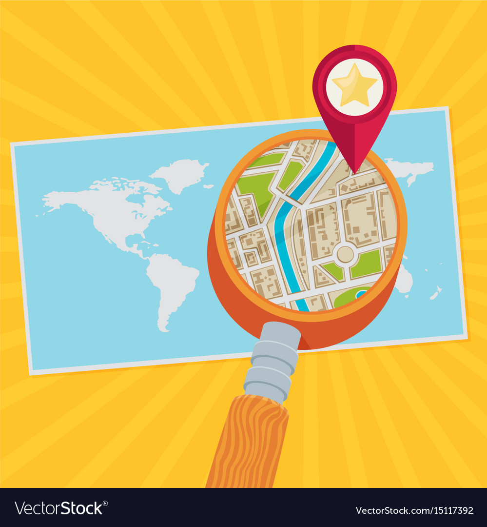 World map and magnifying glass flat