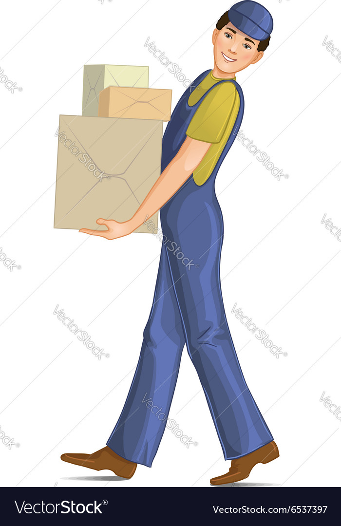 Boy in uniform carries cardboard boxes Royalty Free Vector