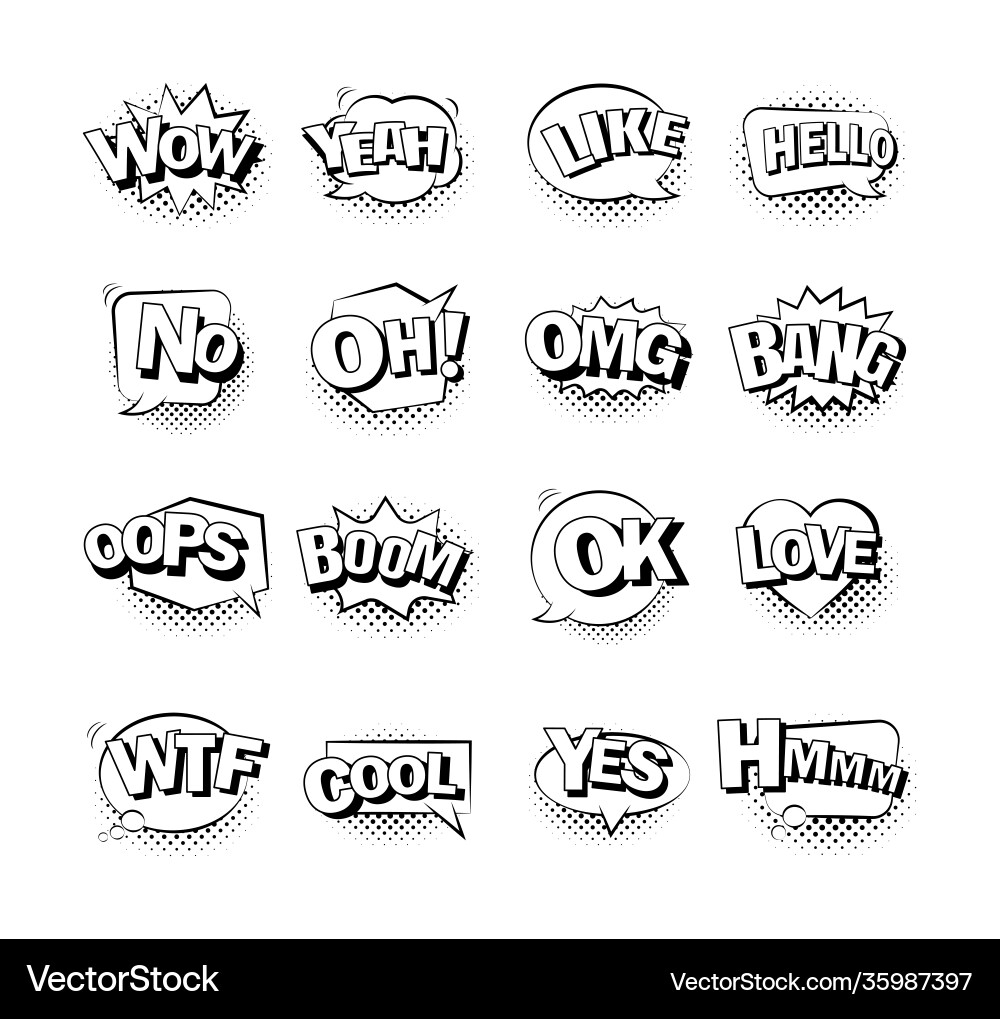 Comic bubble speech with halftone shadow and text Vector Image