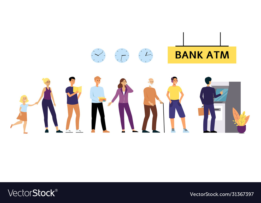 Different people stand in queue to automated