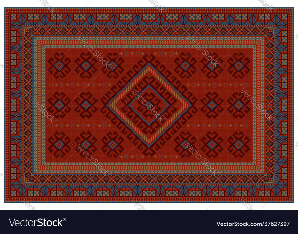 Ethnic rug in red blue and burgundy on a white ba