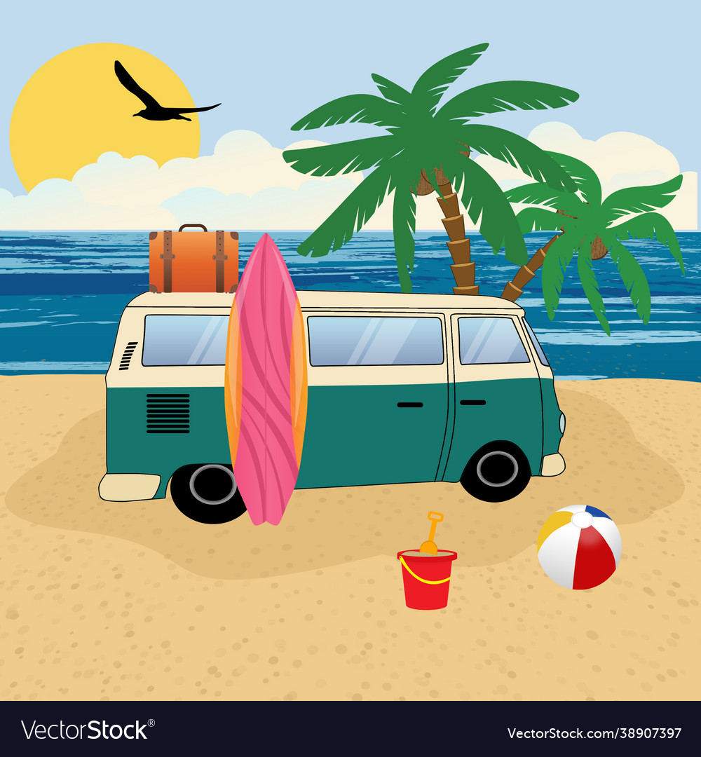 Old retro classic traveling van on beach Vector Image