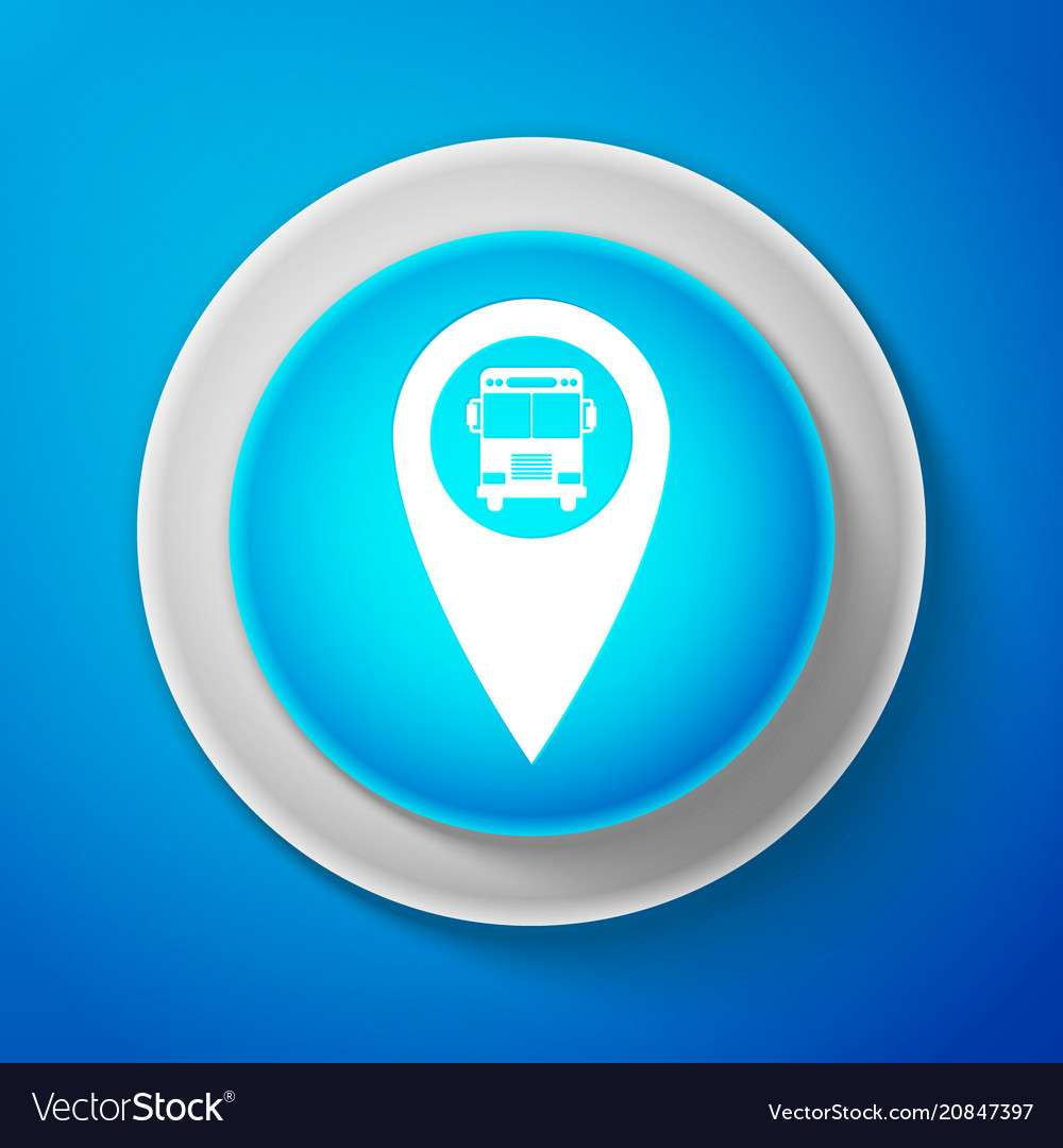 Weißer Kartenzeiger mit Bus-Symbol auf blauem Hintergrund vector image Weißer Kartenzeiger mit Bus-Symbol auf blauem Hintergrund