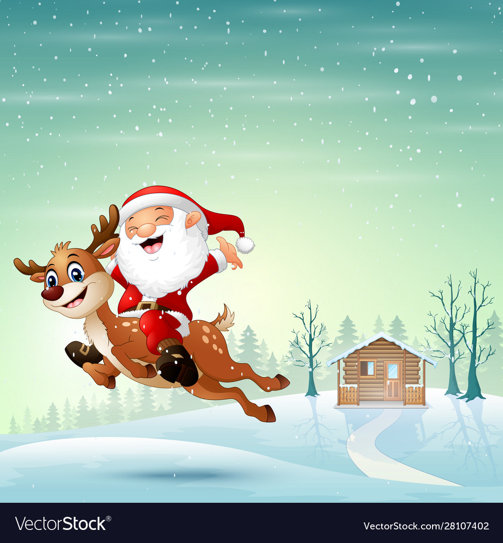 Happy santa claus riding a reindeer jumping on sno