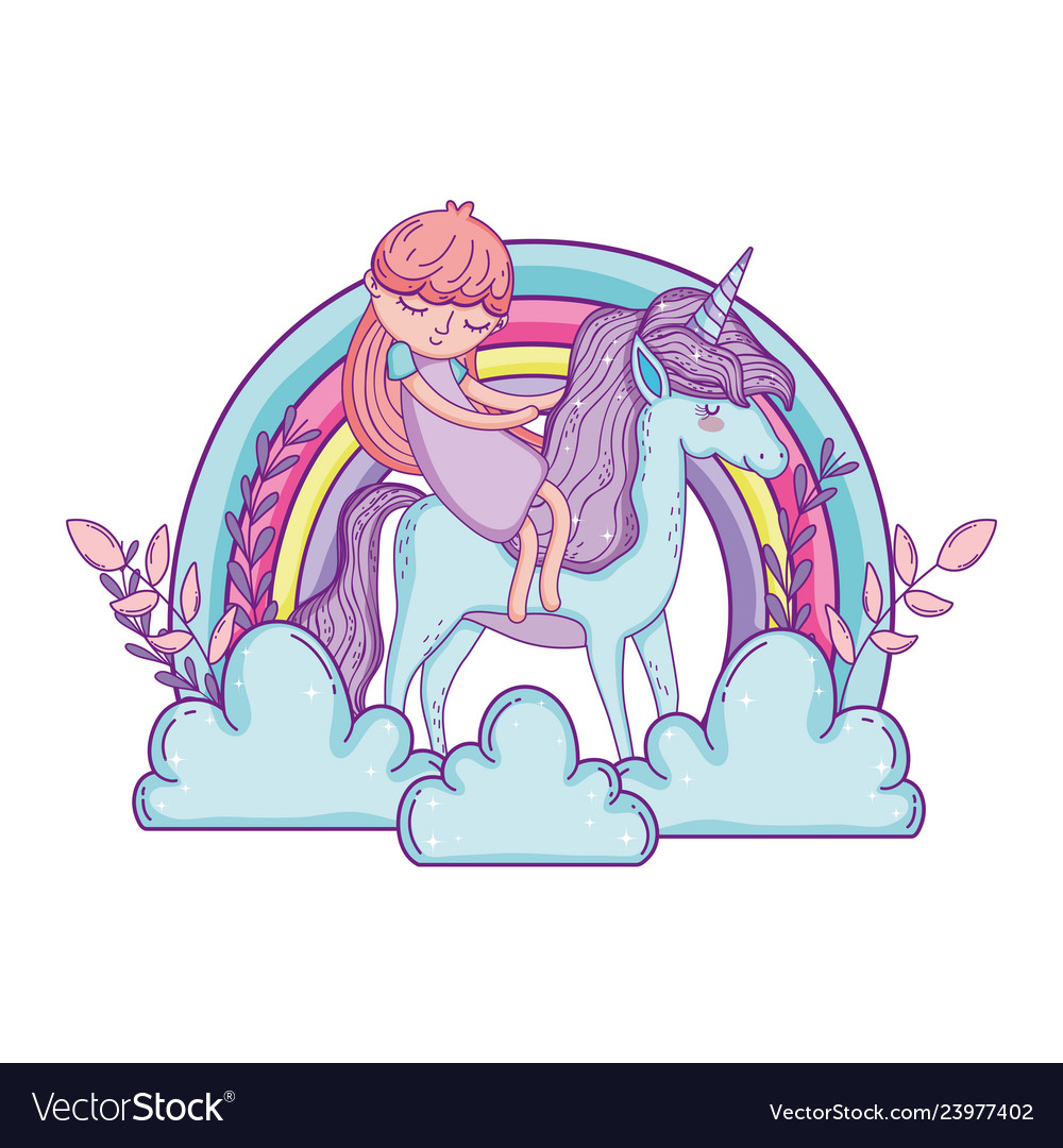 Little unicorn and princess in clouds