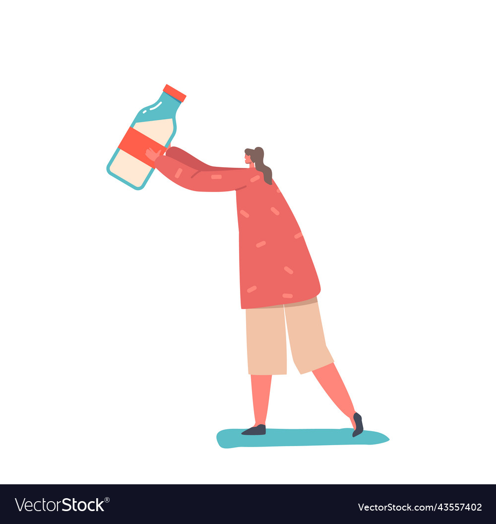 Tiny woman holding huge milk bottle isolated